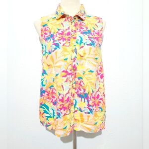 Woman's Sleeveless Button Down Tropical Blouse LINEN blend Oversized Small